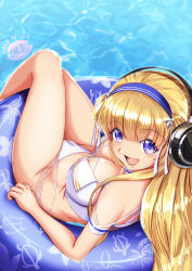 Rule 34 | 1girl, bikini, blonde hair, blue eyes, blush, breasts, cleavage, collarbone, crossed legs, dated, earphones, fletcher (kancolle), floating, from above, hairband, innertube, kantai collection, large breasts, long hair, looking at viewer, moke ro, open mouth, sitting, solo, swim ring, swimsuit, white bikini