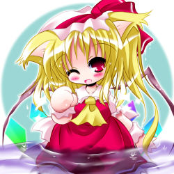 Rule 34 | 1girl, animal ears, arary, bad id, bad pixiv id, blonde hair, cat ears, cat girl, chibi, female focus, flandre scarlet, hat, kemonomimi mode, lowres, partially submerged, red eyes, short hair, side ponytail, solo, standing, touhou, water, wings