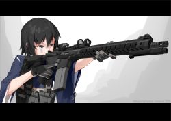 Rule 34 | 1girl, absurdres, aiming, ar-15, artist name, belt, blue jacket, commentary, english commentary, facial mark, gloves, grey gloves, gun, half-closed eyes, highres, holding, holding gun, holding weapon, jacket, letterboxed, long sleeves, looking to the side, magazine (weapon), original, rifle, shi&#039;i nana, short hair, solo, trigger discipline, utility belt, vectorek, weapon, wide sleeves