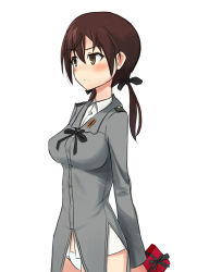 Rule 34 | 1girl, aiueo, brown eyes, brown hair, gertrud barkhorn, highres, long hair, military, military uniform, simple background, solo, strike witches, twintails, uniform, valentine, white background, world witches series