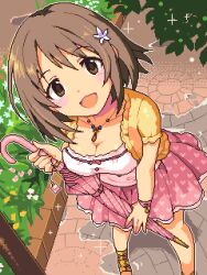 Rule 34 | 1girl, :d, blouse, blush, breasts, brown eyes, brown hair, cleavage, dithering, flower, from above, hair flower, hair ornament, heart, heart print, holding, holding umbrella, idolmaster, idolmaster cinderella girls, jewelry, lillithlauda, looking at viewer, looking up, medium breasts, medium hair, mimura kanako, necklace, open mouth, outdoors, pixel art, print skirt, puddle, shirt, skirt, smile, solo, sparkle, standing, umbrella