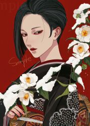 Rule 34 | 1girl, asymmetrical hair, black eyes, black hair, black kimono, blunt ends, closed mouth, commission, flower, from side, hairstyle request, highres, japanese clothes, kagoya1219, kimono, leaf, looking at viewer, looking to the side, obi, obijime, original, print kimono, print sash, red background, sample watermark, sash, short hair, simple background, snow, solo, upper body, watermark, white flower