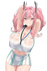 Rule 34 | 1girl, armpits, arms up, azur lane, bare arms, breasts, bremerton (azur lane), bremerton (scorching-hot training) (azur lane), cleavage, collarbone, crop top, dot nose, green shirt, green skirt, grey hair, grin, hair between eyes, hair intakes, hair ornament, hairclip, highres, huge breasts, looking at viewer, midriff, mole, mole on breast, multicolored hair, multicolored shirt, navel, navel piercing, necropoi, piercing, pink eyes, pink hair, raised eyebrows, shirt, simple background, skirt, sleeveless, sleeveless shirt, smile, solo, sportswear, stained clothes, stomach, streaked hair, sweat, teeth, tennis uniform, thighs, twintails, two-tone hair, two-tone skirt, white background, white shirt, white skirt, x hair ornament