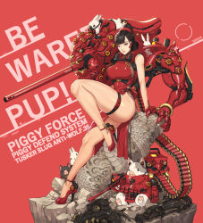 Rule 34 | 1girl, ammunition box, blunt bangs, breasts, bullpup, china dress, chinese clothes, cyborg, dress, finger on trigger, gun, high heels, highres, mecha musume, mechanical arms, original, pelvic curtain, rabbit, red background, red theme, sitting, text background, thigh strap, weapon, wei (kaminari0411)