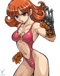 Rule 34 | 1girl, alena (dq4), angry, breasts, chunsoft, claws, dragon quest, dragon quest iv, earrings, enix, gloves, highleg, highleg leotard, jewelry, leotard, midriff, muscular, navel, open mouth, orange hair, pink leotard (dq), red eyes, red hair, solo, swimsuit, usura