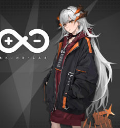 Rule 34 | 1girl, absurdres, arknights, black choker, black jacket, choker, collarbone, commentary, dragon girl, dragon horns, dragon tail, earrings, english text, feet out of frame, grey background, hands in pockets, head tilt, highres, hood, hood down, hoodie, horns, jacket, jewelry, long hair, long sleeves, looking at viewer, myomu, open clothes, open jacket, orange eyes, parted lips, red hoodie, rhine lab logo, saria (arknights), serious, silver hair, sleeves past wrists, solo, stud earrings, tail, teeth