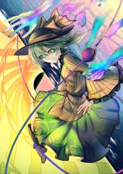 Rule 34 | 1girl, black hat, blouse, boots, bow, bright pupils, brown footwear, fingernails, from side, green eyes, green hair, green skirt, hat, hat bow, highres, komeiji koishi, long sleeves, looking at viewer, looking to the side, medium hair, nail polish, purple nails, shirt, shukusuri, skirt, smile, solo, third eye, touhou, white pupils, wide sleeves, yellow bow, yellow shirt