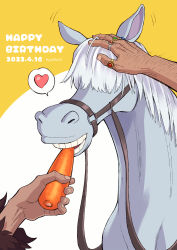 Rule 34 | 2022, 2boys, carrot, dated, doc q, eating, food, fur trim, happy birthday, highres, holding, holding food, horse, jewelry, long hair, multiple boys, one piece, ring, simple background, smile, standing, stronger (one piece), youkan (tako)