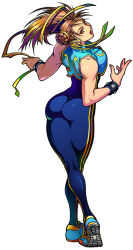 Rule 34 | 1990s (style), 1girl, ass, bare shoulders, bodysuit, braid, brown eyes, brown hair, capcom, chinese clothes, chun-li, double vertical stripe, leotard, long hair, looking back, ribbon, shoes, skin tight, sneakers, solo, spandex, street fighter, street fighter ii (series), street fighter online mouse generation, street fighter zero (series), thick thighs, thighs, unitard