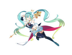 Rule 34 | 1girl, aqua eyes, aqua hair, boots, crypton future media, detached sleeves, full body, fur trim, garter straps, goodsmile racing, gradient hair, green hair, hatsune miku, highres, kanzaki hiro, logo, long hair, looking at viewer, multicolored hair, navel, one eye closed, piapro, pleated skirt, race queen, racing miku, racing miku (2018), skirt, smile, solo, staff, thigh boots, thighhighs, twintails, very long hair, vocaloid, white background
