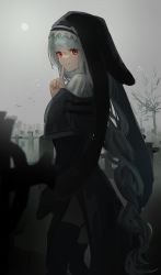 Rule 34 | 1girl, arknights, bare tree, black capelet, black dress, black footwear, black thighhighs, capelet, commentary, cowboy shot, dress, finger to mouth, from side, gawako, graveyard, grin, habit, highres, index finger raised, long hair, long sleeves, looking at viewer, looking to the side, nun, off shoulder, parted lips, red eyes, shushing, silver hair, smile, solo, specter (arknights), thighhighs, tombstone, tree
