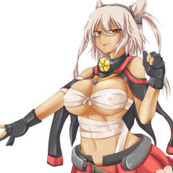 Rule 34 | 10s, 1girl, :d, bandages, between breasts, black gloves, breasts, budget sarashi, capelet, collar, dark skin, dark-skinned female, covered erect nipples, fang, fingerless gloves, glasses, gloves, hair between eyes, headgear, highres, kantai collection, large breasts, light brown hair, looking at viewer, musashi (kancolle), navel, open mouth, pirorun, pointy hair, red eyes, sarashi, short hair with long locks, smile, solo, twintails, two side up, upper body