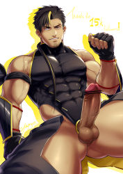 Rule 34 | 1boy, bar censor, bara, bare shoulders, black hair, blonde hair, censored, covered abs, covered navel, crotchless, crotchless pants, covered erect nipples, erection, facial hair, gluteal fold, highres, hip vent, large pectorals, looking at viewer, male focus, milestone celebration, multicolored hair, muscular, muscular male, ninja (yzpyn), original, pectorals, penis, scar, scar on face, shirt, short hair, skin tight, solo, spread legs, streaked hair, stubble, taut clothes, taut shirt, testicles, thick thighs, thighs, veins, veiny penis, yzpyn