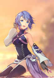 Rule 34 | 1girl, absurdres, aqua (kingdom hearts), black gloves, blue eyes, blue hair, blue shirt, blue thighhighs, blurry, blurry background, breasts, collarbone, commentary request, depth of field, detached sleeves, eyelashes, feet out of frame, fingerless gloves, gloves, gogo (detteiu de), hair blowing, hand up, highres, kingdom hearts, kingdom hearts birth by sleep, kneeling, medium breasts, shirt, short hair, sleeveless, solo, thighhighs, wide sleeves