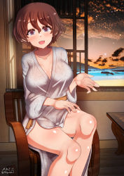 Rule 34 | 1girl, akaboshi koume, blue eyes, blush, breasts, brown hair, cleavage, collarbone, covered erect nipples, girls und panzer, highres, indoors, japanese clothes, kimono, large breasts, looking at viewer, megadeko, no bra, ocean, open mouth, shiny skin, short hair, sky, smile, solo, star (sky), starry sky, window