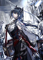 Rule 34 | 1girl, absurdres, arknights, bag, black dress, black gloves, black hair, black hairband, blue eyes, cantabile (arknights), commentary request, cross, cross necklace, dress, earrings, elbow gloves, fringe trim, gloves, hair between eyes, hairband, hand up, highres, holding strap, horns, jewelry, latin cross, long hair, mento, mole, mole under eye, necklace, parted lips, railing, shirt, shoulder bag, sketch, solo, stairs, stud earrings, very long hair, white shirt