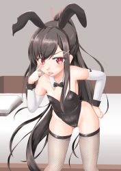 Rule 34 | absurdres, akanbe, animal ears, arm warmers, bed, black hair, black leotard, commentary request, cowboy shot, eyelid pull, fishnet thighhighs, fishnets, flat chest, hair ornament, hairclip, highres, kotonone koto, leaning forward, leotard, long hair, looking at viewer, original, playboy bunny, ponytail, rabbit ears, red eyes, sidelocks, standing, strapless, strapless leotard, thighhighs, tongue, tongue out, wrist cuffs, x hair ornament
