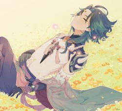 Rule 34 | 1boy, ahoge, arm tattoo, bead necklace, beads, black hair, blush, bug, butterfly, butterfly on nose, commentary request, eyeshadow, flower, genshin impact, gloves, green hair, highres, insect, jewelry, lying, makeup, male focus, multicolored hair, necklace, on back, orange flower, parted lips, red eyeshadow, sleeping, solo, tamamura (tmmr5), tassel, tattoo, vision (genshin impact), white flower, xiao (genshin impact), yellow butterfly
