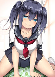Rule 34 | 1girl, alternate costume, black sailor collar, black skirt, blue eyes, blue hair, breasts, commentary request, hair ribbon, highres, kantai collection, kuromayu, large breasts, long hair, looking at viewer, pleated skirt, ribbon, sailor collar, school uniform, serafuku, skirt, smile, socks, solo, souryuu (kancolle), straddling, twintails, white socks