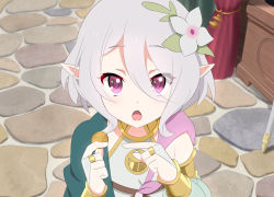 Rule 34 | 1girl, :o, bridal gauntlets, coin, commentary, day, derivative work, dress, flower, grey hair, hair between eyes, hair flower, hair ornament, hands up, holding, holding money, kokkoro (princess connect!), looking at viewer, money, open mouth, outdoors, pointing, pointy ears, princess connect!, purple eyes, see-through, see-through sleeves, sleeveless, sleeveless dress, solo, standing, upper body, white dress, white flower, yutsuki warabi