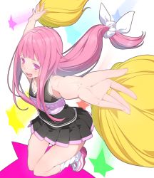 Rule 34 | 1girl, :d, ama mitsuki, blush, brown hair, cheerleader, foreshortening, long hair, loose socks, low-tied long hair, open mouth, original, outstretched arms, outstretched hand, pink eyes, pink hair, pleated skirt, pom pom (cheerleading), skirt, smile, socks, solo, star (symbol)