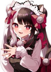 Rule 34 | 1girl, :d, animal ears, bell, black dress, black hair, bow, breasts, cat ears, cat girl, cat tail, collared shirt, commentary request, double bun, dress, grey hair, hair bell, hair bow, hair bun, hair ornament, hands up, jingle bell, long sleeves, looking at viewer, medium breasts, multicolored hair, nijisanji, open mouth, red bow, red eyes, red hair, shirt, simple background, sleeveless, sleeveless dress, sleeves past wrists, smile, solo, split-color hair, steepled fingers, streaked hair, tail, tail bell, tail bow, tail ornament, tail raised, two-tone hair, upper body, virtual youtuber, white background, white shirt, yamabukiiro, yorumi rena, yorumi rena (5th costume)