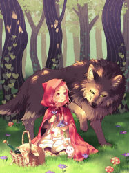 Rule 34 | 1girl, :d, animal, basket, big bad wolf, blonde hair, bottle, braid, rabbit, capelet, cloak, commentary, dress, flower, forest, full body, grass, hood, hood up, hooded cloak, ivy, little red riding hood, little red riding hood (grimm), long sleeves, mushroom, nature, open mouth, original, pink eyes, pood1e, sitting, smile, tree, twin braids, wolf, yellow eyes