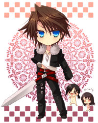 Rule 34 | 1990s (style), 1girl, 2boys, age difference, belt, blue eyes, blush, brown hair, chibi, closed eyes, father and son, final fantasy, final fantasy viii, fur trim, gunblade, highres, izumi makoto, jacket, jewelry, laguna loire, multiple belts, multiple boys, necklace, nude, ponytail, rinoa heartilly, scar, spoilers, squall leonhart, sword, weapon