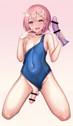 Rule 34 | 1boy, absurdres, bar censor, blue suit, censored, dildo, fang, fish hair ornament, formal, hair ornament, hand up, heterochromia, highres, holding, holding sex toy, male focus, medium hair, miharu (971794372), navel, nipples, open mouth, original, penis, pink background, pink eyes, pink hair, school uniform, sex toy, simple background, sitting, skin fang, solo, suit, swimsuit, trap, yellow eyes