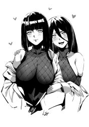 Rule 34 | 2girls, blunt bangs, blunt ends, blush, boruto: naruto next generations, breasts, commentary request, greyscale, hair between eyes, heart, highres, hyuuga hanabi, hyuuga hinata, large breasts, liangjushuang, looking at viewer, monochrome, multiple girls, naruto (series), open mouth, siblings, simple background, sisters, teeth, tongue, upper body, white background
