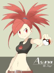 Rule 34 | 00s, 1girl, artist name, bad id, bad twitter id, belt, character name, creatures (company), flannery (pokemon), game freak, groin, gym leader, holding, holding poke ball, looking at viewer, midriff, navel, nintendo, poke ball, poke ball (basic), pokemon, pokemon rse, red eyes, red hair, shigino sohuzi, solo, tank top