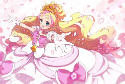 Rule 34 | 1girl, blonde hair, blue eyes, bow, bowtie, commentary, cure flora, cure flora (dress up premium), dress, dress bow, earrings, gloves, go! princess precure, gradient hair, hanamori mito, haruno haruka, highres, jewelry, long dress, long hair, looking at viewer, magical girl, multicolored hair, necklace, open mouth, outstretched arms, petals, pink bow, pink bowtie, pink hair, precure, puffy short sleeves, puffy sleeves, short sleeves, smile, solo, spread arms, standing, streaked hair, tiara, two-tone hair, very long hair, waist bow, white dress, white gloves
