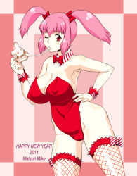 Rule 34 | 10s, 1girl, 2011, animal ears, blush, breasts, cameltoe, covered erect nipples, fake animal ears, female focus, fishnet thighhighs, fishnets, food, large breasts, leotard, matsuri miko, one eye closed, pink eyes, pink hair, playboy bunny, rabbit ears, solo, thighhighs, twintails, wink