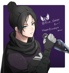 Rule 34 | 1girl, animification, apex legends, black bodysuit, black hair, black scarf, bodysuit, breasts, from side, hair behind ear, hair bun, happy birthday, highres, holding, holding knife, hope&#039;s dusk (apex legends), knife, kunai, looking at viewer, medium breasts, meriko, parted bangs, parted lips, scarf, single hair bun, solo, twitter username, upper body, weapon, wraith (apex legends)