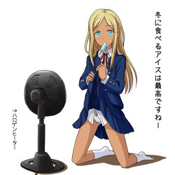 Rule 34 | 1girl, aqua eyes, blonde hair, blue jacket, blue skirt, buttons, clothes lift, commentary request, dark skin, electric fan, food in mouth, full body, hands up, idolmaster, idolmaster cinderella girls, jacket, kneeling, layla (idolmaster), legs, lielos, lifting own clothes, long hair, long sleeves, looking at viewer, no shoes, panties, pleated skirt, popsicle, popsicle in mouth, red ribbon, ribbon, shadow, shirt, sidelocks, skirt, skirt lift, socks, solo, thighs, translation request, underwear, white background, white panties, white shirt, white socks, wing collar