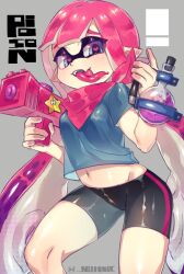 Rule 34 | 1girl, bandana, bike shorts, black shorts, blue eyes, blue shirt, colored tongue, fang, feet out of frame, female focus, grey background, heart, heart-shaped pupils, highres, holding, holding weapon, inkling, inkling girl, inkling player character, long hair, long tongue, looking at viewer, navel, nintendo, nitronic, open mouth, pink hair, pointy ears, shiny clothes, shirt, short sleeves, shorts, simple background, single vertical stripe, skin fang, smile, solo, splatoon (series), splattershot jr (splatoon), standing, suction cups, symbol-shaped pupils, t-shirt, teeth, tentacle hair, tongue, tongue out, toxic mist (splatoon), very long hair, weapon