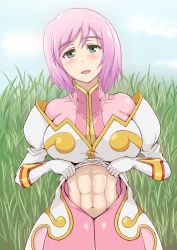 Rule 34 | 00s, 1girl, abs, blush, breasts, estellise sidos heurassein, female focus, gloves, grass, green eyes, highres, large breasts, looking at viewer, namco, navel, open mouth, pink hair, sha-pei sahei, shiny clothes, shiny skin, short hair, sky, solo, tales of (series), tales of vesperia