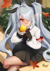 Rule 34 | 1girl, absurdres, black gloves, black ribbon, black skirt, blue archive, blush, closed mouth, collared shirt, commentary request, eating, feet out of frame, food, food on face, gloves, grey hair, grey halo, hair over one eye, hair ribbon, halo, highres, holding, holding food, iori (blue archive), leaf, long hair, long sleeves, maple leaf, pleated skirt, pointy ears, red eyes, ribbon, sakurahuji-iro, shirt, sitting, skirt, solo, sweet potato, twintails, white shirt