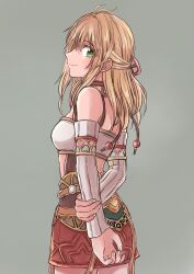 Rule 34 | 1girl, blonde hair, closed mouth, commentary request, detached sleeves, fiora (xenoblade), green eyes, hifumi (aiueonigiri), highres, long hair, looking at viewer, midriff, miniskirt, simple background, skirt, smile, solo, xenoblade chronicles (series), xenoblade chronicles 1
