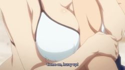 Rule 34 | 1boy, 1girl, animated, anime screenshot, arm between breasts, bikini, blue shorts, bouncing breasts, breast focus, breast press, breasts, cleavage, guilty crown, highres, large breasts, menjou hare, navel, ouma shuu, shorts, sound, stomach, subtitled, swimsuit, topless male, video, walking, white bikini