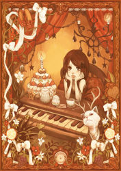 Rule 34 | antlers, brown hair, cake, cat, flower, food, horns, instrument, pastry, piano, short hair, solo