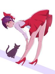 Rule 34 | 1girl, bow, cat, cat girl, choker, closed mouth, commentary, dress, dutch angle, from side, gegege no kitarou, gegege no kitarou 6, hair bow, hair bun, hands on own knees, high heels, katouken (ktn-works), kneepits, leaning forward, long sleeves, looking at viewer, looking back, nekomusume, nekomusume (gegege no kitarou 6), pinafore dress, pointy ears, purple hair, red bow, red dress, red footwear, shirt, short dress, short hair, simple background, single hair bun, sleeveless dress, solo, standing, white background, white shirt, yellow eyes