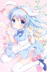 Rule 34 | 1girl, :o, alice (alice in wonderland), alice (alice in wonderland) (cosplay), alice in wonderland, amedamacon, animal ears, apron, bad id, bad pixiv id, blue bow, blue bowtie, blue dress, blue eyes, blue footwear, blue hair, blush, bow, bowtie, breasts, collared dress, commentary request, cosplay, dress, flower, frilled apron, frilled dress, frills, full body, gochuumon wa usagi desu ka?, hair ornament, hairclip, high heels, kafuu chino, light blue hair, long hair, looking at viewer, parted lips, paw pose, pink background, plant, puffy short sleeves, puffy sleeves, rabbit ears, short sleeves, sidelocks, sitting, small breasts, solo, striped bow, striped bowtie, striped clothes, striped neckwear, thighhighs, vines, wariza, white apron, white thighhighs, wing collar, wrist cuffs, x hair ornament