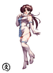 Rule 34 | 1girl, banpresto, bare shoulders, belt, boots, brown hair, buttons, clenched hand, double bun, doughnut hair bun, dress, elbow gloves, full body, gem, gloves, hair bun, hair tubes, high heels, highres, hisahiko, leg lift, lipstick, long hair, looking at viewer, makeup, minaki tomine, parted bangs, ponytail, purple eyes, shoes, short dress, side slit, sidelocks, simple background, smile, solo, standing, standing on one leg, strap, super robot wars, super robot wars alpha, the 3rd super robot wars alpha, thigh boots, thighhighs, turtleneck, white background, white thighhighs, zettai ryouiki