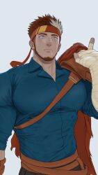 Rule 34 | 1boy, bandaged hand, bandages, bara, black pants, blue eyes, blue shirt, brown eyes, brown hair, cape, collared shirt, facial hair, fumio (snnmfmw), grey background, headband, heterochromia, highres, holding, holding cape, holding clothes, indie virtual youtuber, large pectorals, male focus, multicolored hair, muscular, muscular male, pants, pectorals, red headband, ryuugen drake, scar, scar across eye, scar on face, shirt, short hair, simple background, solo, two-tone hair, virtual youtuber, white hair