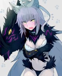 Rule 34 | &gt;:o, 1girl, ahoge, animal ears, atalanta alter (fate), atalanta (fate), blush, breasts, cleavage, crossed arms, embarrassed, fate/apocrypha, fate/grand order, fate (series), full-face blush, grey hair, large breasts, long hair, looking at viewer, navel, paw print, paw print background, shadow, walzrj, yellow eyes