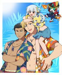 Rule 34 | 1girl, 3boys, ao isami, arm on another&#039;s head, black hair, blonde hair, blue background, blue eyes, border, bravern, carrying over shoulder, character name, chibi, crossed arms, dark-skinned male, dark skin, dog tags, floral print, flower bracelet, full body, hair bun, hawaiian shirt, highres, lewis smith, long hair, looking at another, lulu (bang bravern), medium bangs, multiple boys, open clothes, open mouth, open shirt, outside border, parted hair, pleated skirt, red eyes, sandals, shirt, short hair, skirt, tobitori, upper body, white border, yuuki bakuhatsu bang bravern