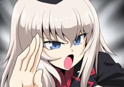 Rule 34 | 1girl, black hat, black jacket, blue eyes, commentary, dress shirt, frown, girls und panzer, hat, highres, itsumi erika, jacket, kamishima kanon, kuromorimine military uniform, long sleeves, looking to the side, medium hair, military, military uniform, open mouth, portrait, red shirt, shirt, silver hair, solo, uniform, v-shaped eyebrows, wing collar