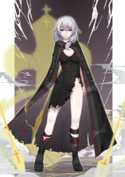 Rule 34 | 1girl, 7t, absurdres, benghuai xueyuan, black dress, black footwear, blue eyes, boots, breasts, brown background, cape, cleavage, closed mouth, crack, cross (weapon), dress, hair between eyes, half-closed eyes, highres, holding, holding weapon, hologram, honkai (series), honkai impact 3rd, looking at viewer, looking back, no panties, polearm, side ponytail, small breasts, solo, spear, standing, theresa apocalypse, torn cape, torn clothes, torn dress, weapon, white background, white hair