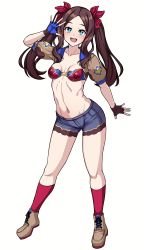 Rule 34 | 1girl, absurdres, belt, bikini, bikini top only, blue eyes, blue shorts, blurry, blush, boots, breasts, brown gloves, brown hair, collarbone, denim, denim shorts, eyebrows, fate/grand order, fate (series), fingerless gloves, forehead, gloves, hair ribbon, hand up, highres, kneehighs, leonardo da vinci (fate), leonardo da vinci (swimsuit ruler) (fate), lips, long hair, looking at viewer, midriff, muta poo, navel, open mouth, parted bangs, puffy short sleeves, puffy sleeves, raised eyebrows, red bikini, red ribbon, red socks, ribbon, short shorts, short sleeves, shorts, shrug (clothing), sidelocks, simple background, small breasts, smile, socks, solo, source request, standing, swimsuit, teeth, twintails, white background